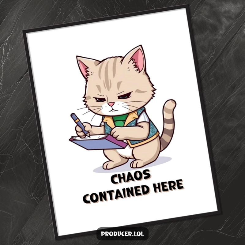Funny cat wearing a sparkly vest, frantically scribbling notes on a notepad, humorous poster art, perfect for home or office decor.