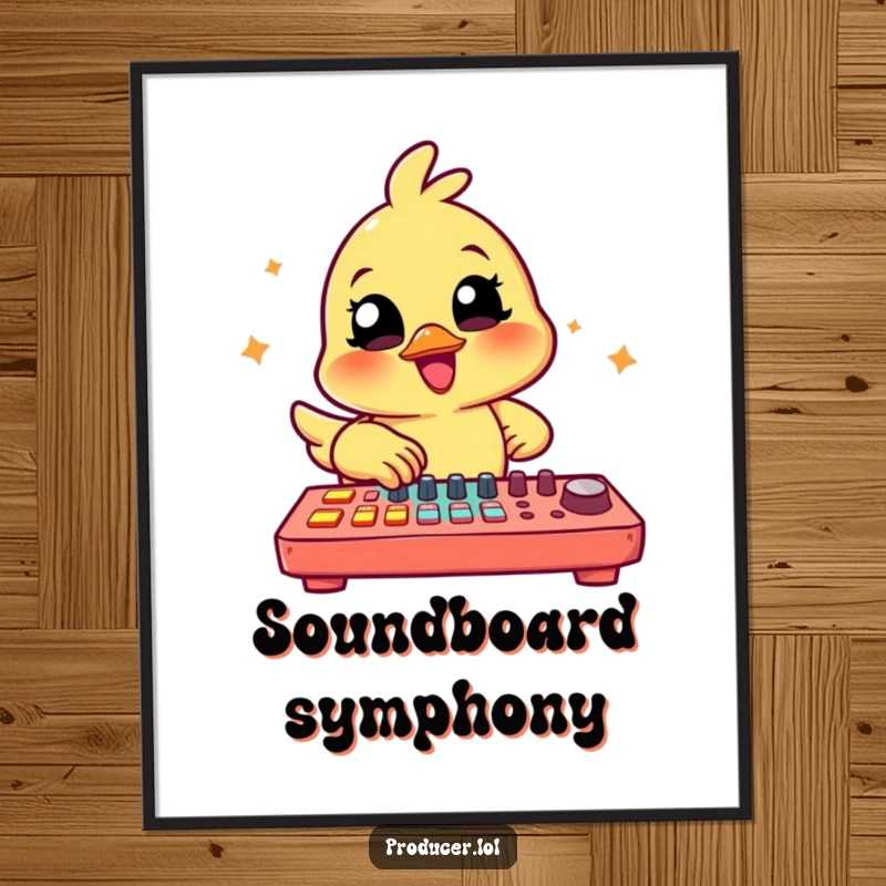 Funny Chick Producer Poster: A cheerful chick enthusiastically tapping on a large, colorful mixing board, radiating creativity and joy.
