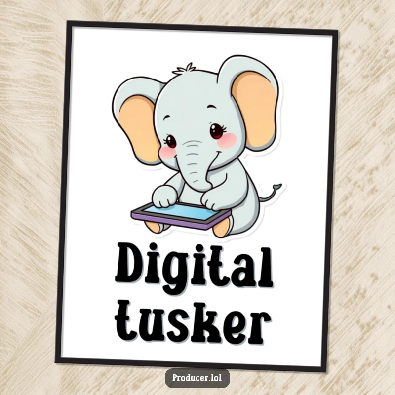 Funny Elephant Poster: A vibrant artwork of a smiling elephant contentedly tapping on a tablet, bringing joy to any wall.