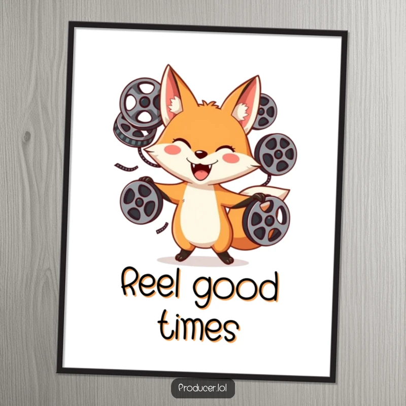 Funny Fox Juggling Poster: A playful fox with a wide, goofy grin juggles several film reels, celebrating the art and fun of filmmaking.