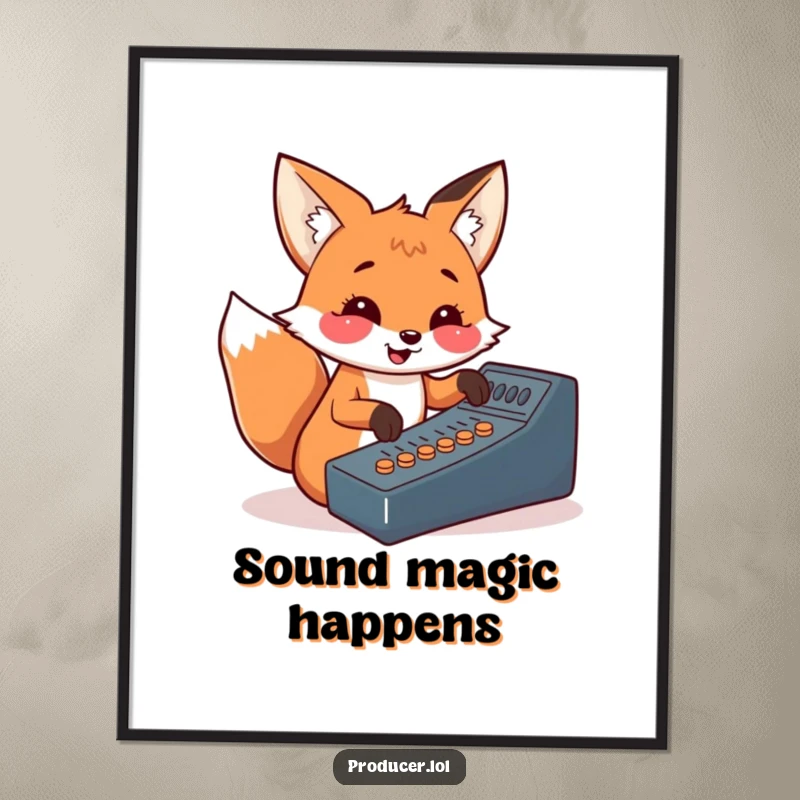 Funny fox poster, pressing soundboard buttons, cheerful DJ art, music studio decoration, vibrant wall art.