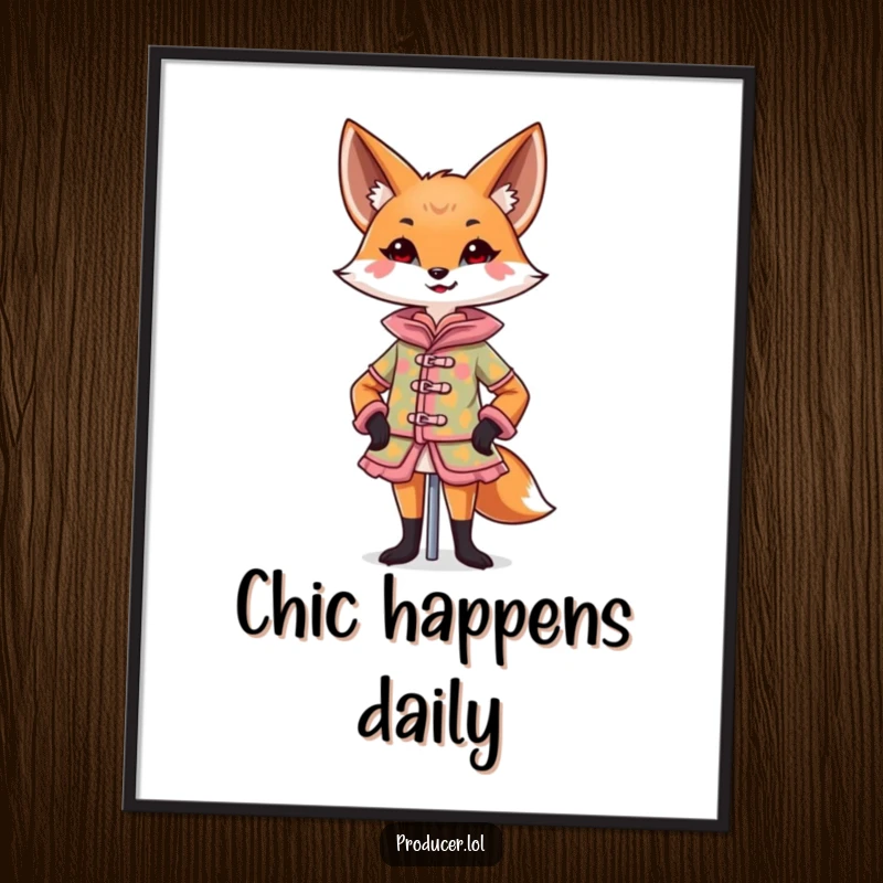 Funny Fox Poster displaying a confident fox designing a colorful costume on a mannequin with a flourish, giftable humorous wall art.