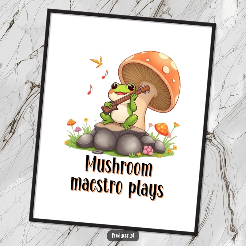Funny Frog Symphony Poster: A joyful frog performing music from a giant mushroom, a colorful and hilarious wall art piece for music enthusiasts.