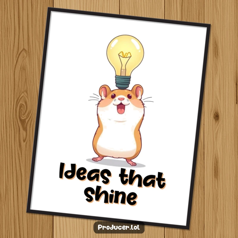 Funny Hamster Idea Poster: An energetic hamster triumphantly hoists a massive light bulb, symbolizing a brilliant idea and adding humor to decor.
