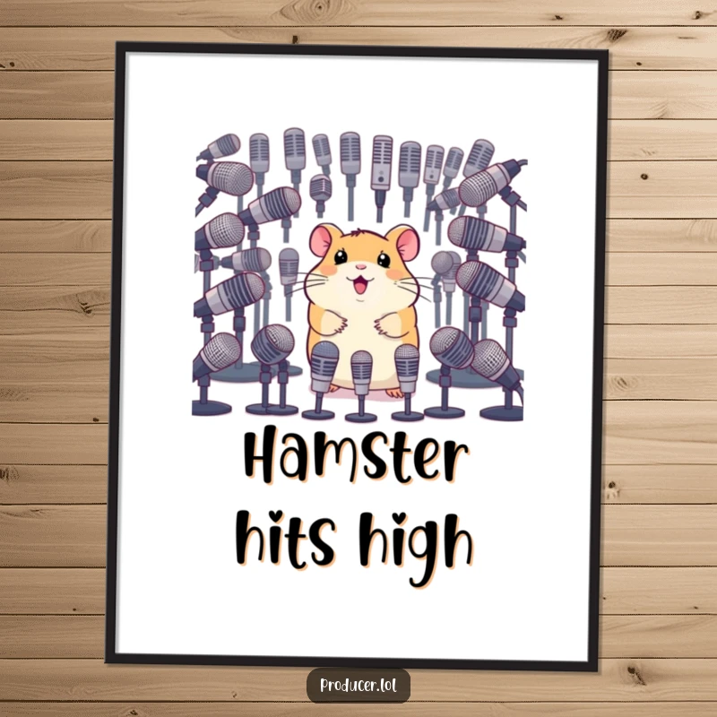 Funny poster depicting a happy hamster surveying a vast collection of microphones, symbolizing ambition and the pursuit of broadcast dreams.