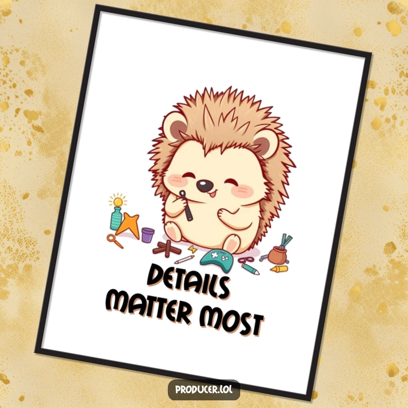 Funny Hedgehog Poster displaying a happy hedgehog meticulously organizing tiny props with a focused look, giftable humorous wall art.