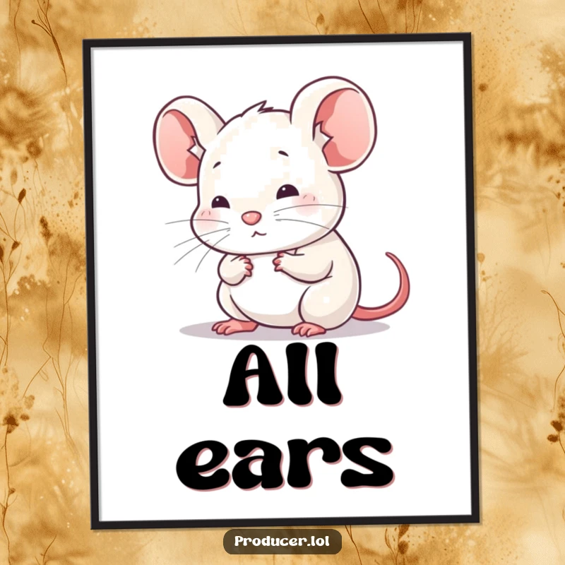 Funny poster featuring a mouse with an expression of deep thought and intense listening, creating a moment of quiet contemplation.