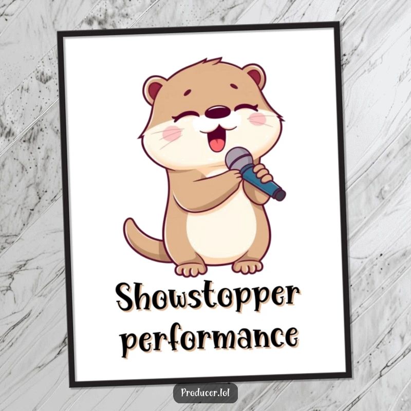 Funny otter poster, cute character singing with a microphone, eyes closed, artistic representation of musical passion.