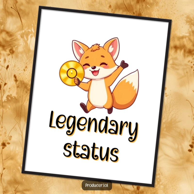 Funny poster print of an energetic fox cub holding a golden record and jumping with delight, perfect for humorous and celebratory wall decor.