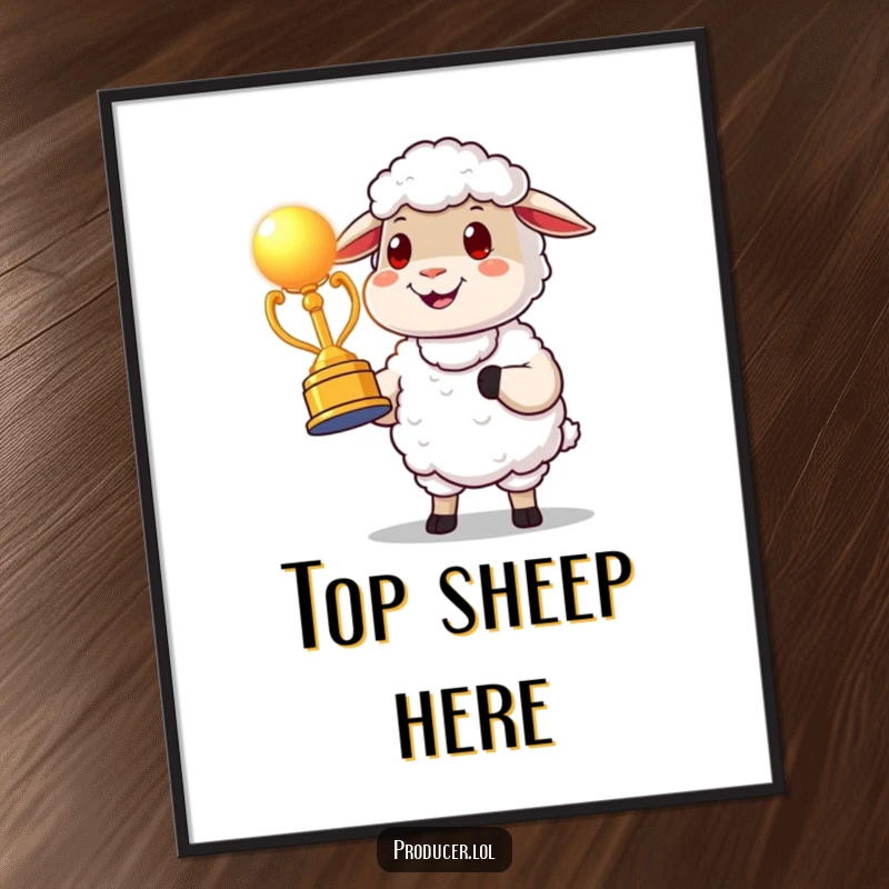 Funny proud cartoon sheep poster presenting a glowing award statue, bringing celebratory charm and humorous artistic flair to your walls.
