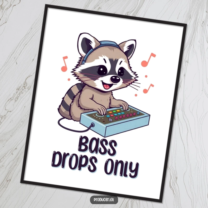 Funny Raccoon DJ Poster: A smiling raccoon passionately mixing sounds at a console, bringing energy and humor to any room.