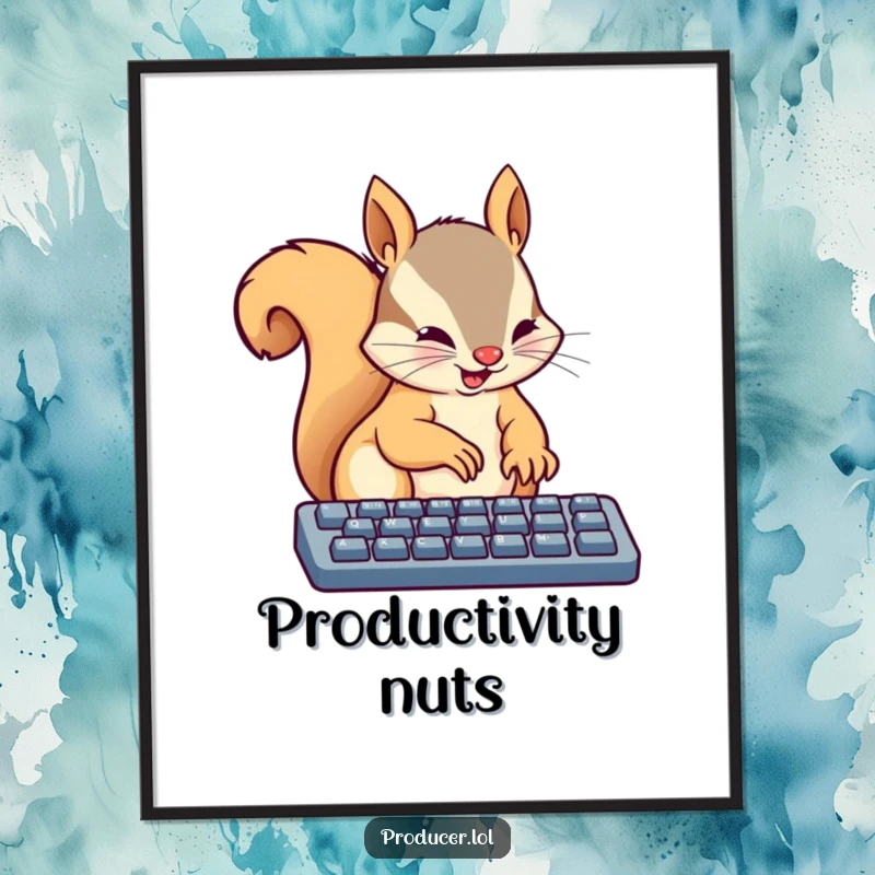 Funny poster of a busy squirrel intensely typing on a computer keyboard with tiny paws, symbolizing focus and energetic work.