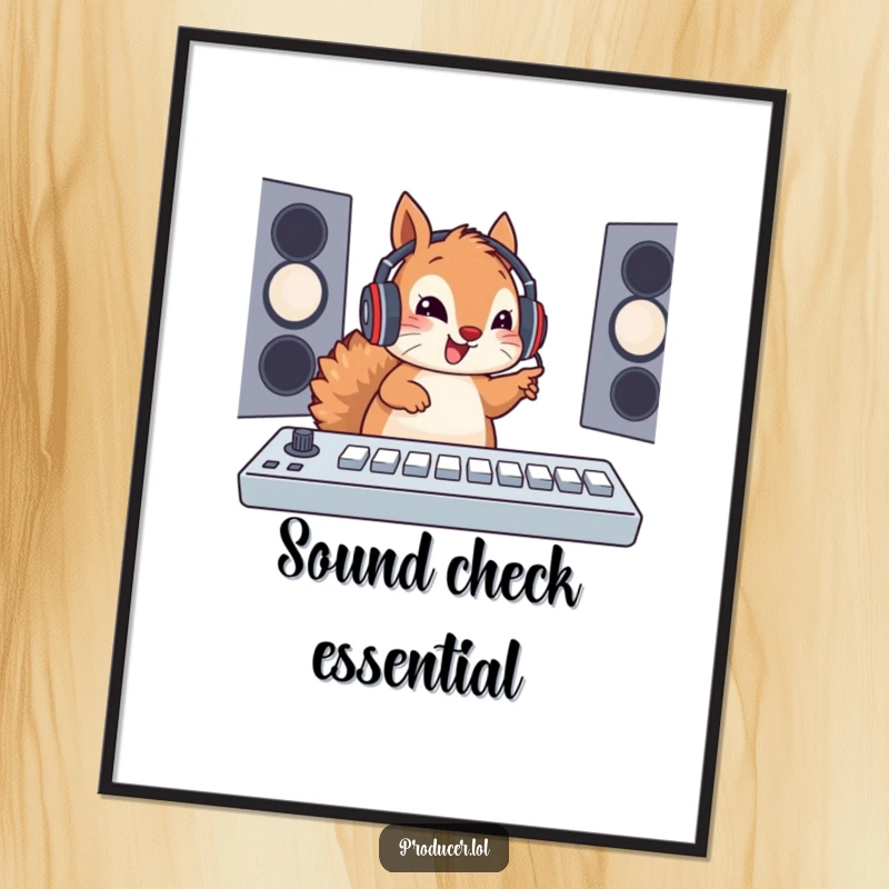 Funny Squirrel Soundboard Poster: An energetic squirrel wearing a headset enthusiastically presses buttons on a large soundboard, a fun piece of music art.