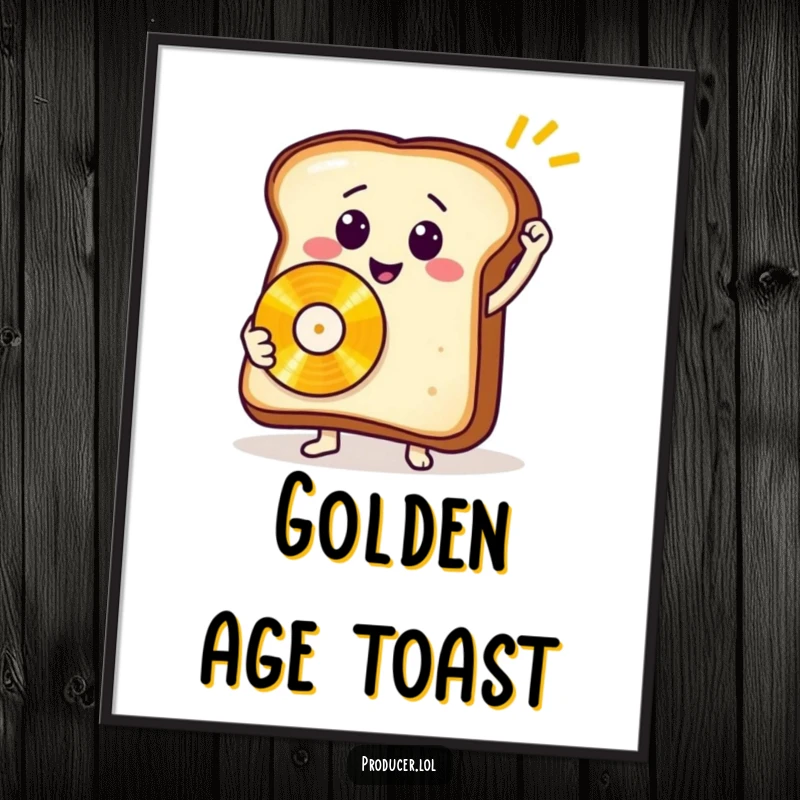 Funny toast record poster art featuring a smiling slice of bread holding a golden record, celebrating musical success.