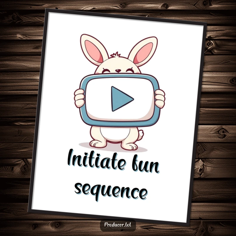 A smiling bunny with a determined expression holds a massive PLAY button, featured as a funny poster.