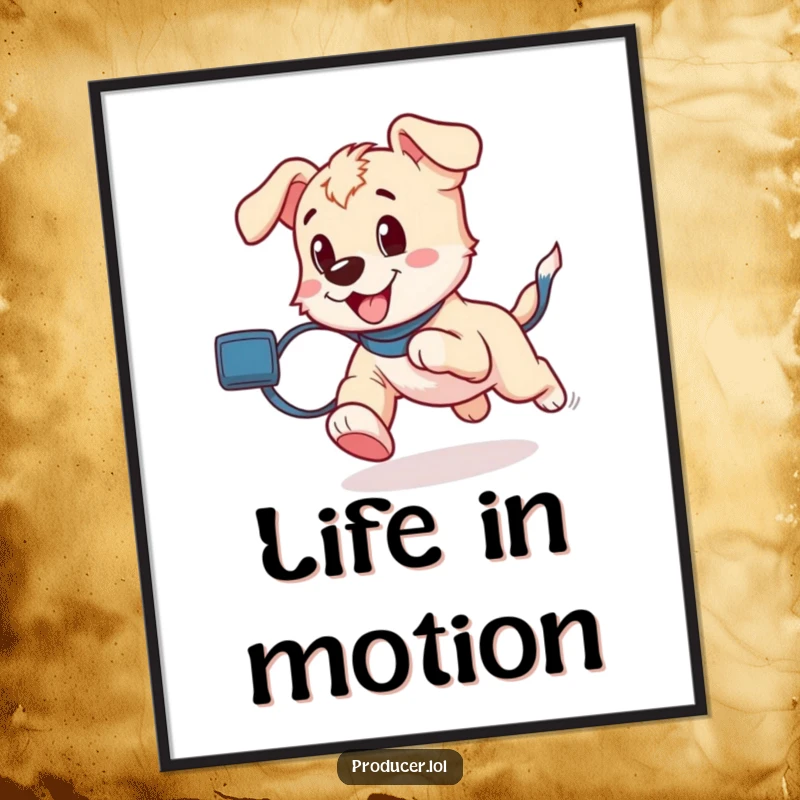 Funny playful puppy running with a film roll trailing, creating a dynamic and nostalgic image on this poster.