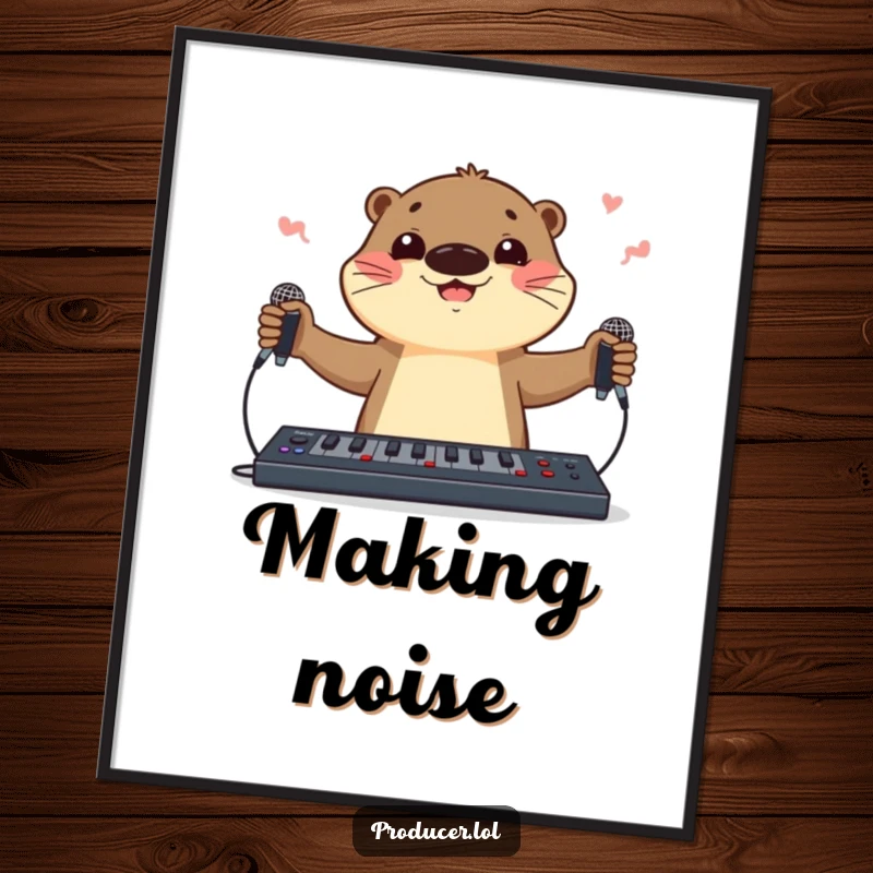 Funny cartoon otter poster juggling microphones and a soundboard, bringing musical talent and humorous artistic charm to your walls.