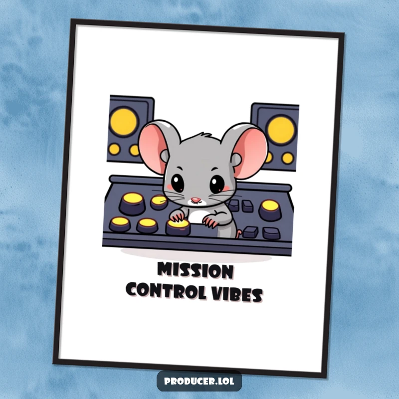 Funny determined mouse pressing large glowing buttons on a console, a humorous and engaging art print for game rooms.