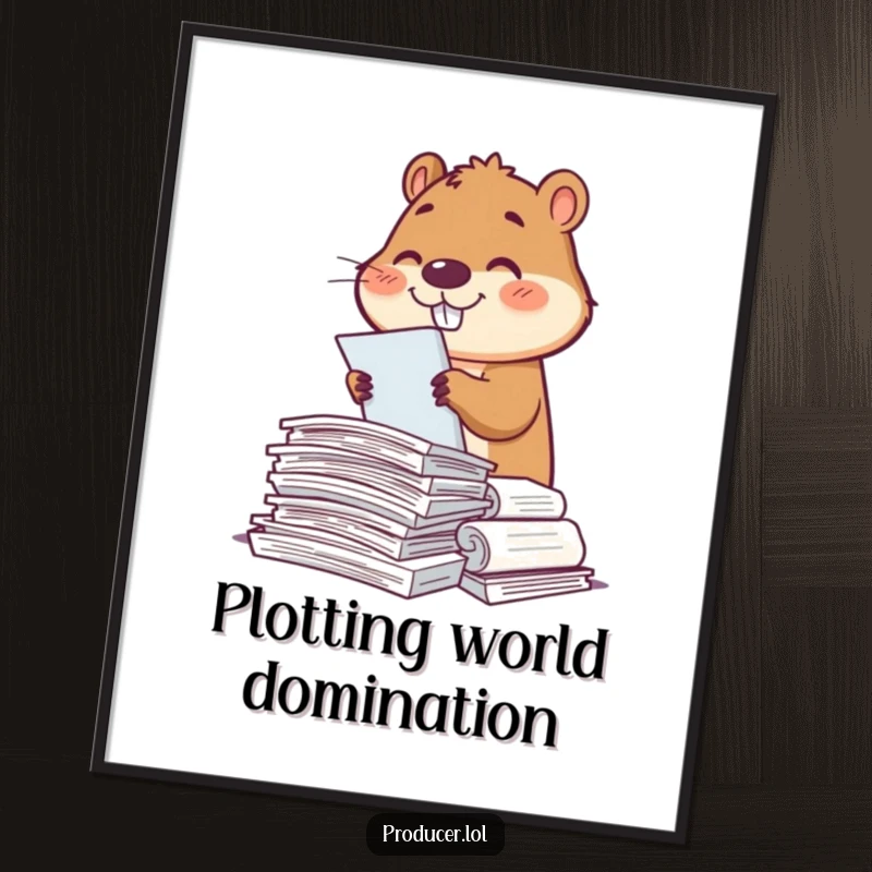 Funny beaver character meticulously sorting scripts in a vibrant poster, conveying diligence and a cheerful work ethic.