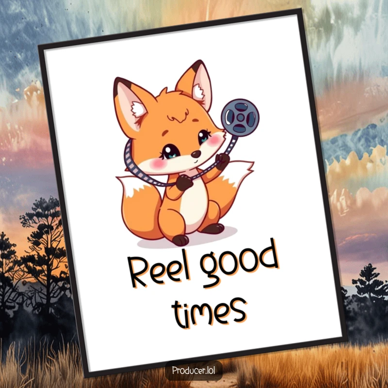 Funny playful fox spinning a film reel on one claw, a humorous and charming art print for home theaters.