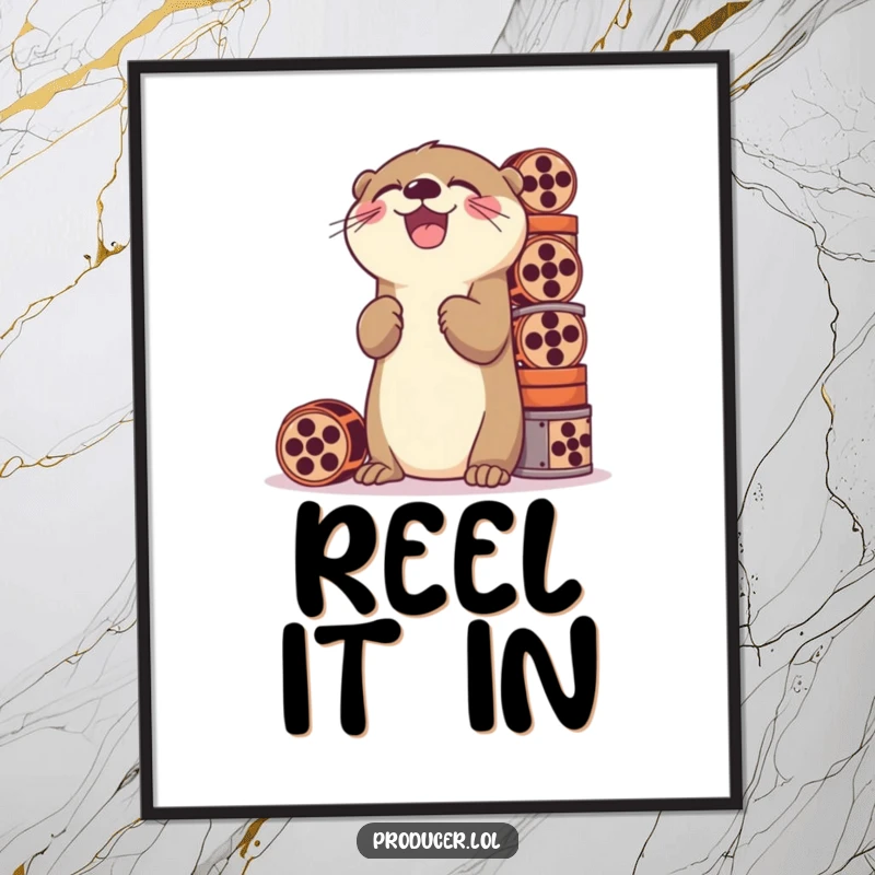 Funny poster art of a playful otter laughing while stacking a tall pile of film reels, adding cinematic humor to decor.