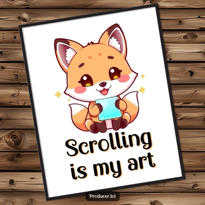 Funny Fox Tech Poster: Art depicts a playful fox with a happy expression, mesmerized by the glow of a digital screen, adding humor to walls.