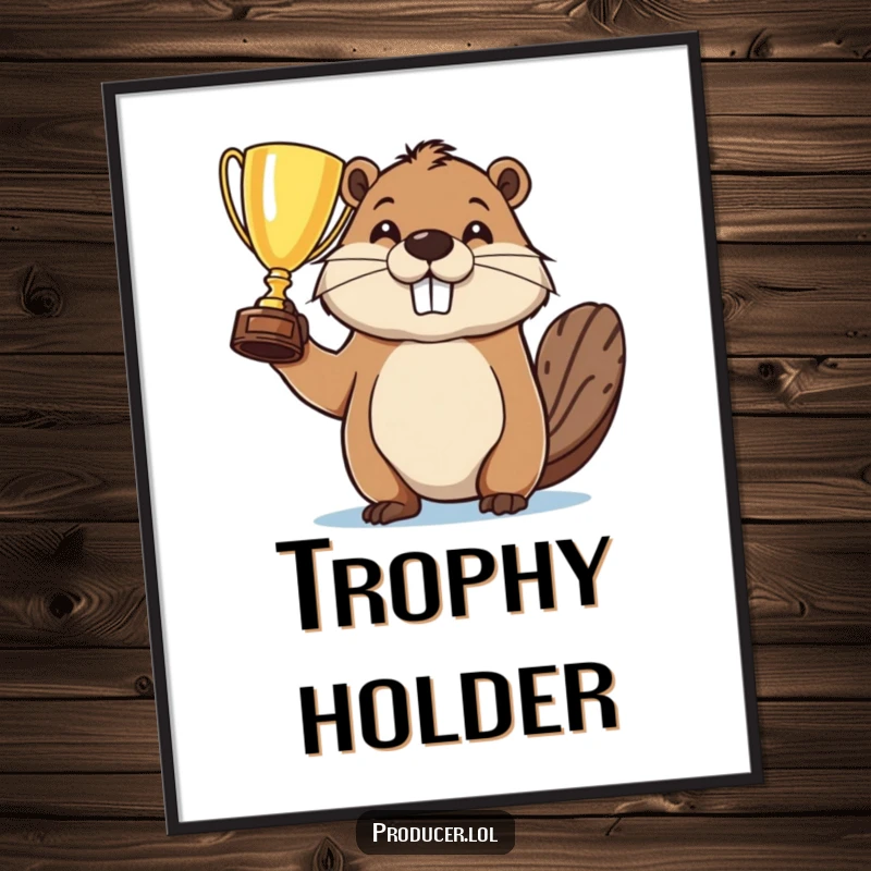 Funny poster of a beaver holding a trophy with immense pride, a humorous piece of art celebrating victory and accomplishment.