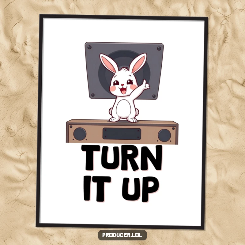 Funny, bouncing cartoon rabbit pointing towards a powerful speaker, capturing the essence of a live music experience on a poster.