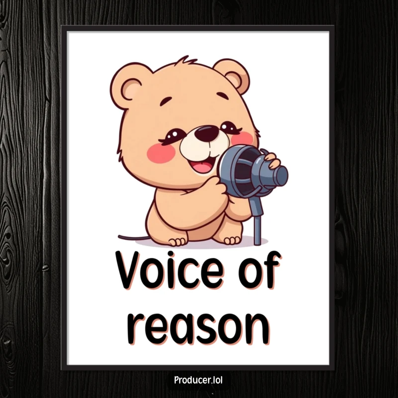 Funny poster art of a cartoon bear intensely focused on singing into a large microphone, radiating happy concentration.