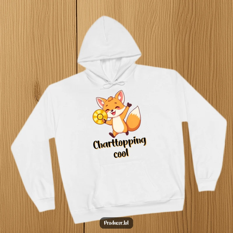 Funny hoodie featuring an energetic fox cub holding a golden record and jumping with delight, offering cozy comfort and a funny celebratory vibe.