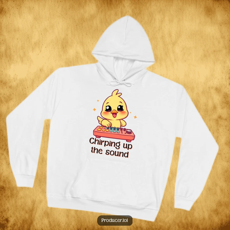 Funny Chick Producer Hoodie: A cheerful chick busy at work on a colorful mixing board, embodying musical talent and warmth.