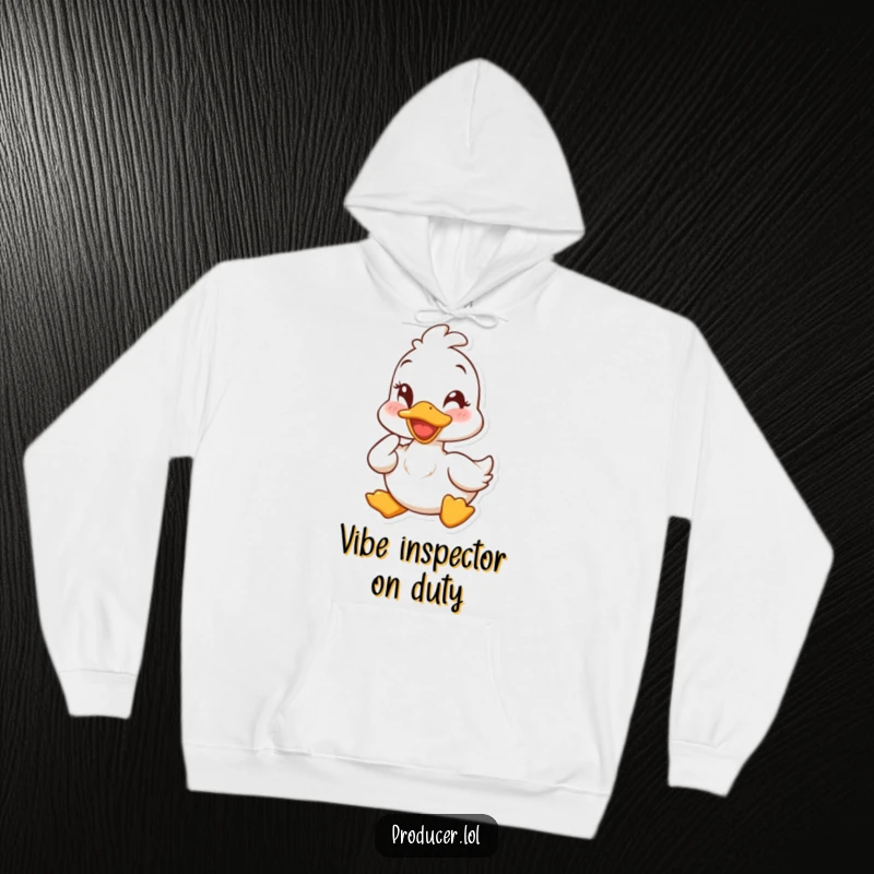 Funny duck hoodie featuring a cheerful duck winking and nodding, providing cozy warmth and a humorous touch.