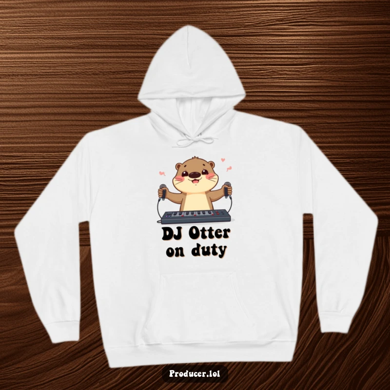 Funny otter DJ hoodie, depicted juggling microphones and a soundboard, offering warm comfort and a dose of musical comedy.
