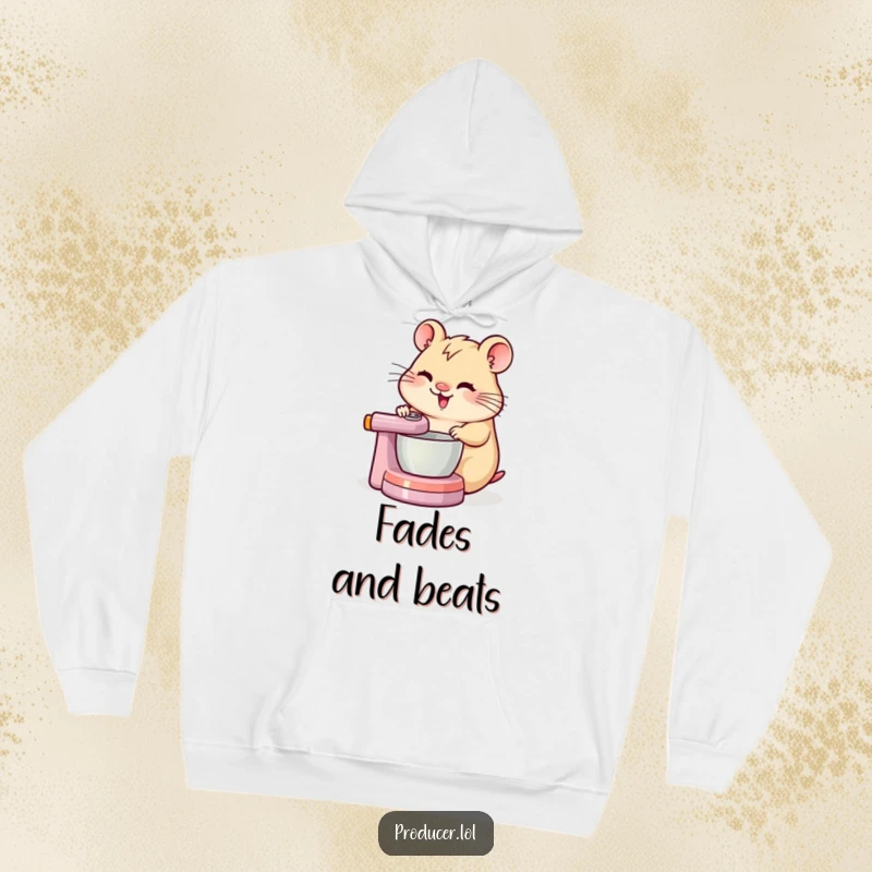 Comfortable hoodie with a cheerful hamster intently spinning a DJ mixing board, designed for music lovers.