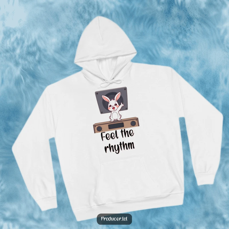 Funny bouncing rabbit character pointing towards a loud speaker, showcasing a love for music on this cozy hoodie.