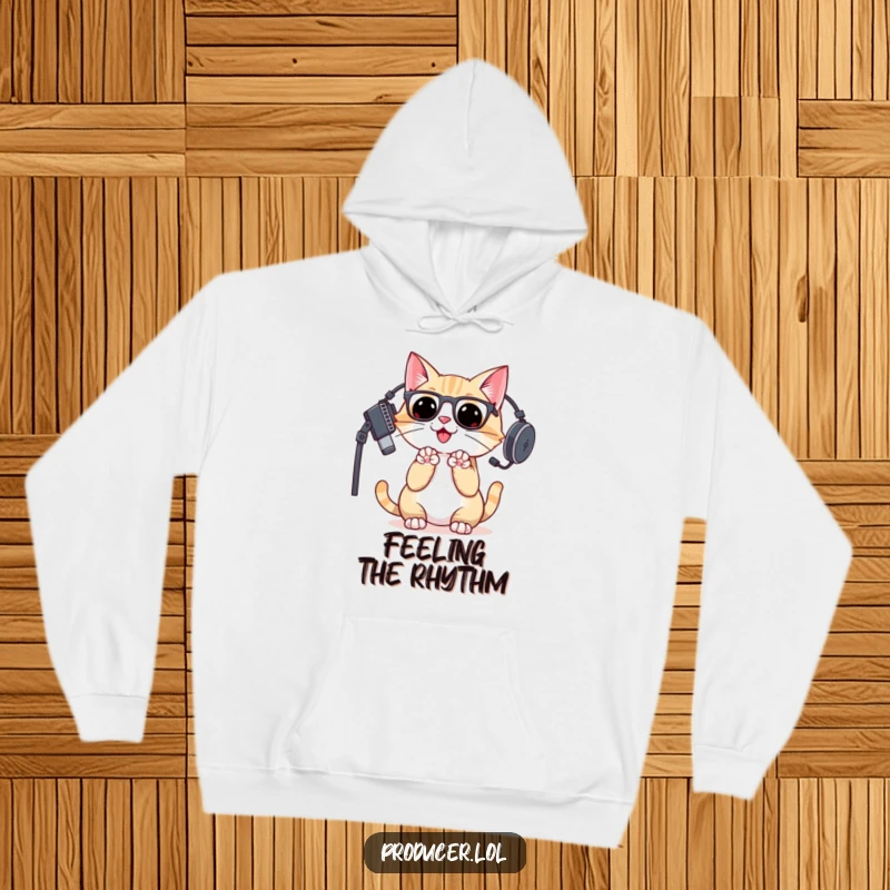 Funny cat DJ in a studio headset, clapping paws with great enthusiasm, depicted on a comfortable hoodie.