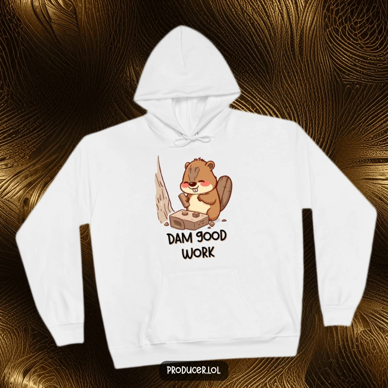 Funny Beaver Hoodie depicting a busy beaver enthusiastically hammering a miniature set piece, ideal funny gift.