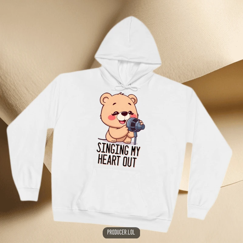 Funny hoodie design of a cartoon bear with intense, happy concentration, leaning into a microphone, embodying passion for singing.