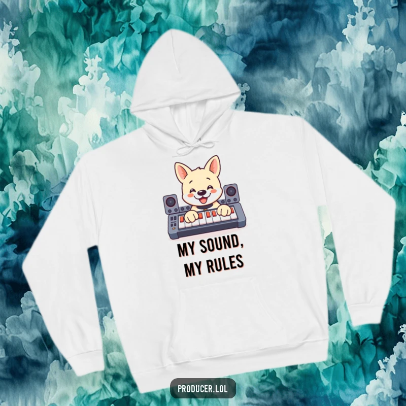 Funny hoodie featuring a happy dog enthusiastically operating a soundboard with its paws, perfect for cozy, humorous music sessions.