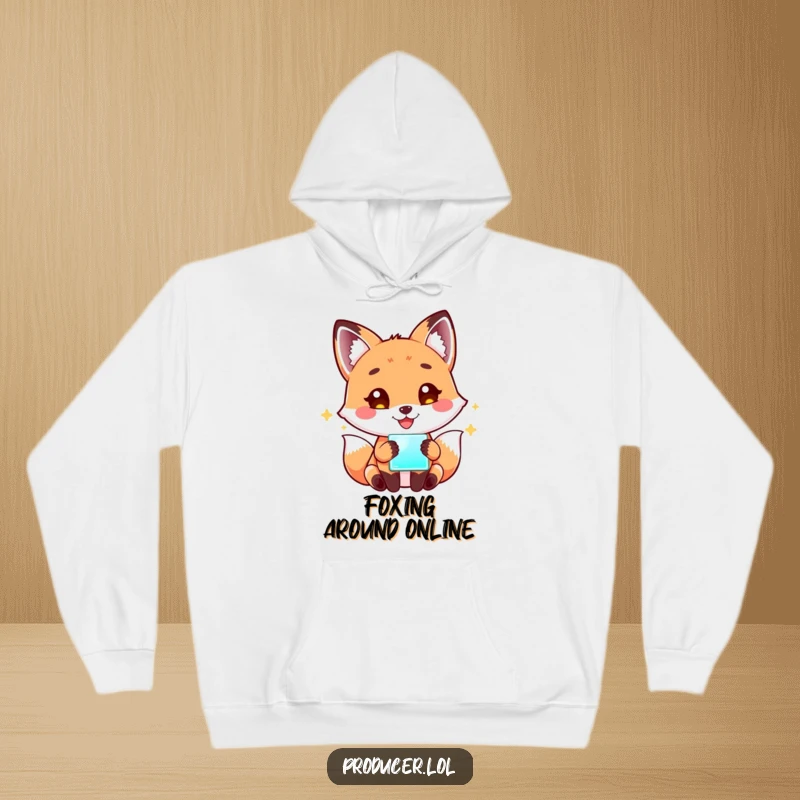 Funny Fox Tech Hoodie: A happy, playful fox is absorbed in a glowing screen, offering warmth and a humorous nod to tech culture.