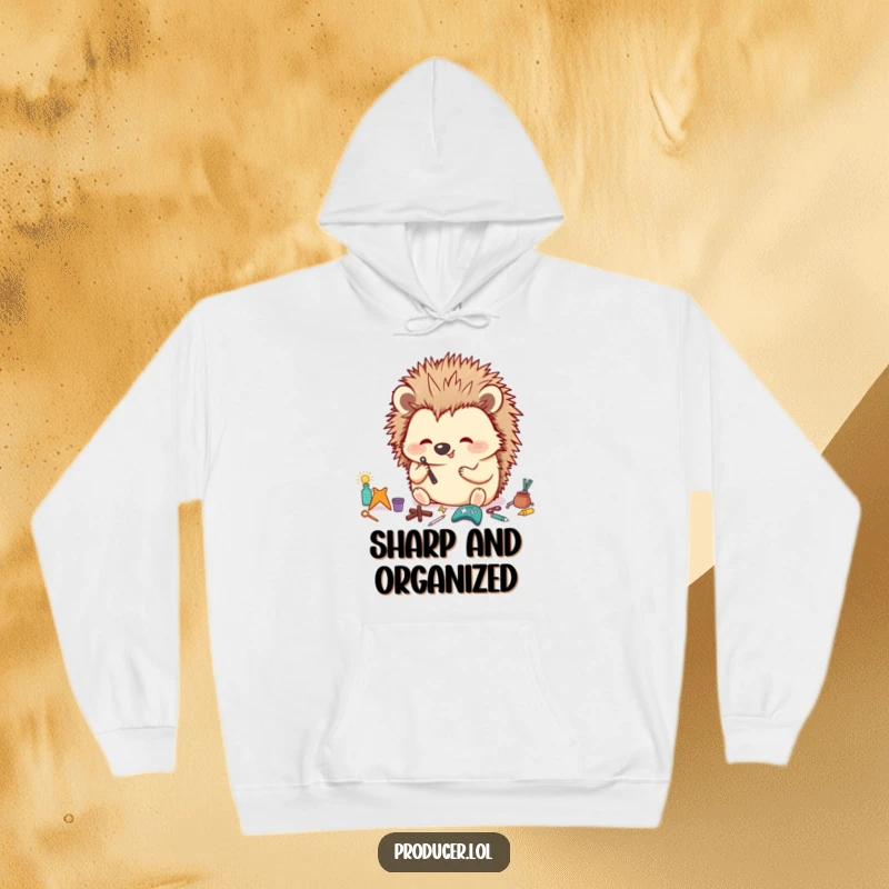 Funny Hedgehog Hoodie depicting a happy hedgehog meticulously organizing tiny props with a focused look, ideal funny gift.