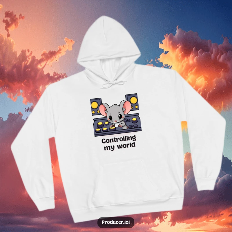 Funny determined mouse pressing large glowing buttons on a console, a warm and humorous hoodie for ultimate comfort.