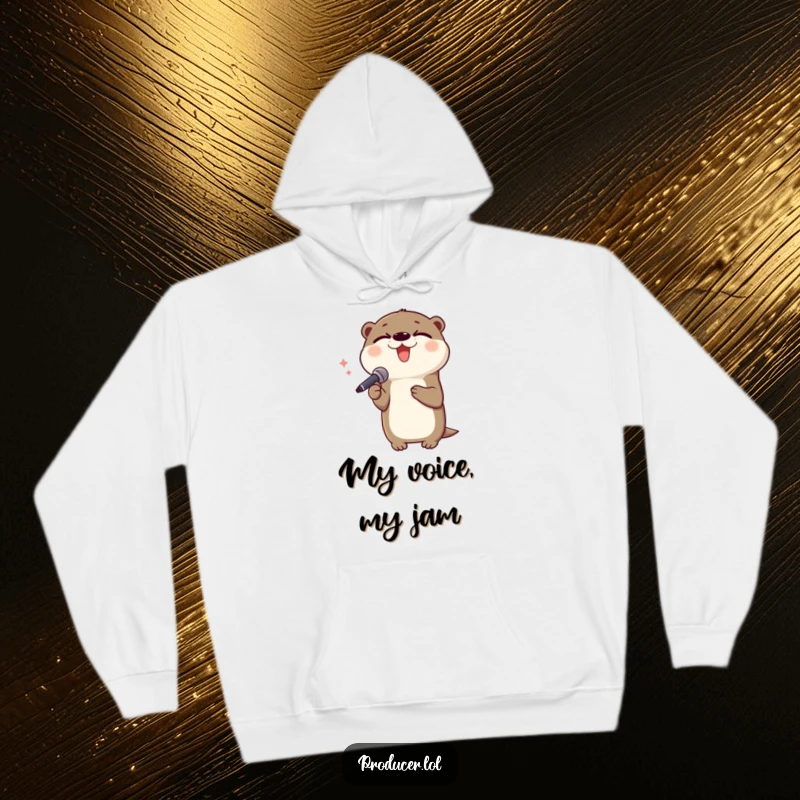 Funny otter hoodie, singing blissfully, microphone in hand, cozy performer apparel, great gift for vocalists.