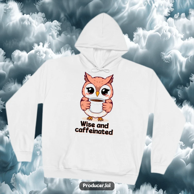 Funny Owl Hoodie: A happy, smiling owl offers a warm cup of coffee, perfect for cozying up on chilly days with a laugh.