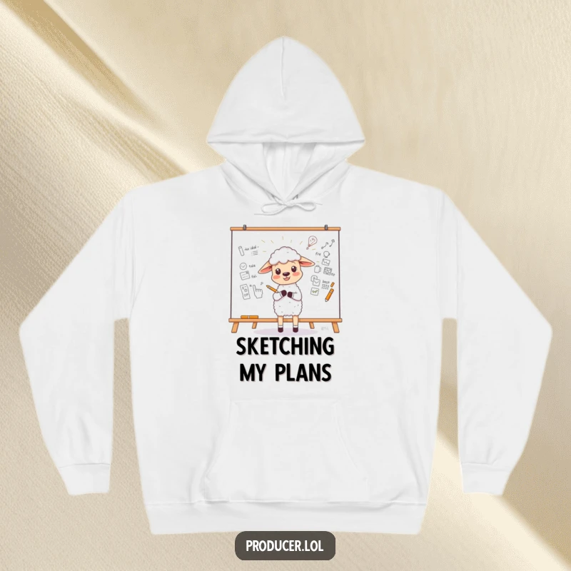 Funny Sheep Hoodie depicting a little sheep enthusiastically sketching a new idea on a large whiteboard, ideal funny gift.