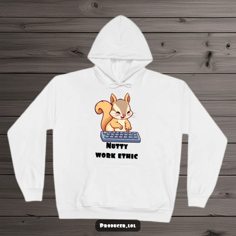 Funny hoodie featuring a busy squirrel energetically typing on a keyboard with tiny paws, radiating focus and productive vibes.