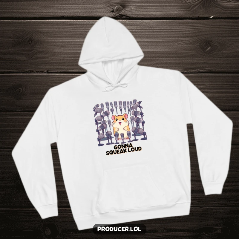 Funny hoodie with a happy hamster looking over an expansive array of microphones, symbolizing ambition and comedic performance.