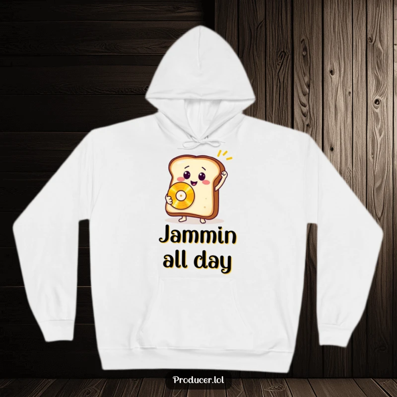 Funny toast record hoodie, a warm garment with a smiling bread slice holding a golden record, celebrating music.