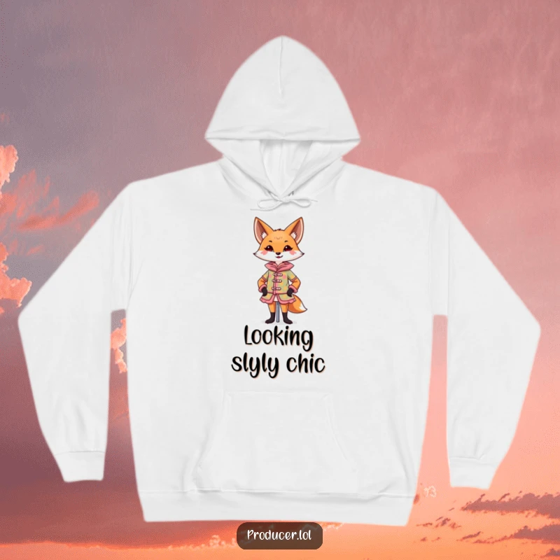 Funny Fox Hoodie depicting a confident fox designing a colorful costume on a mannequin with a flourish, ideal funny gift.