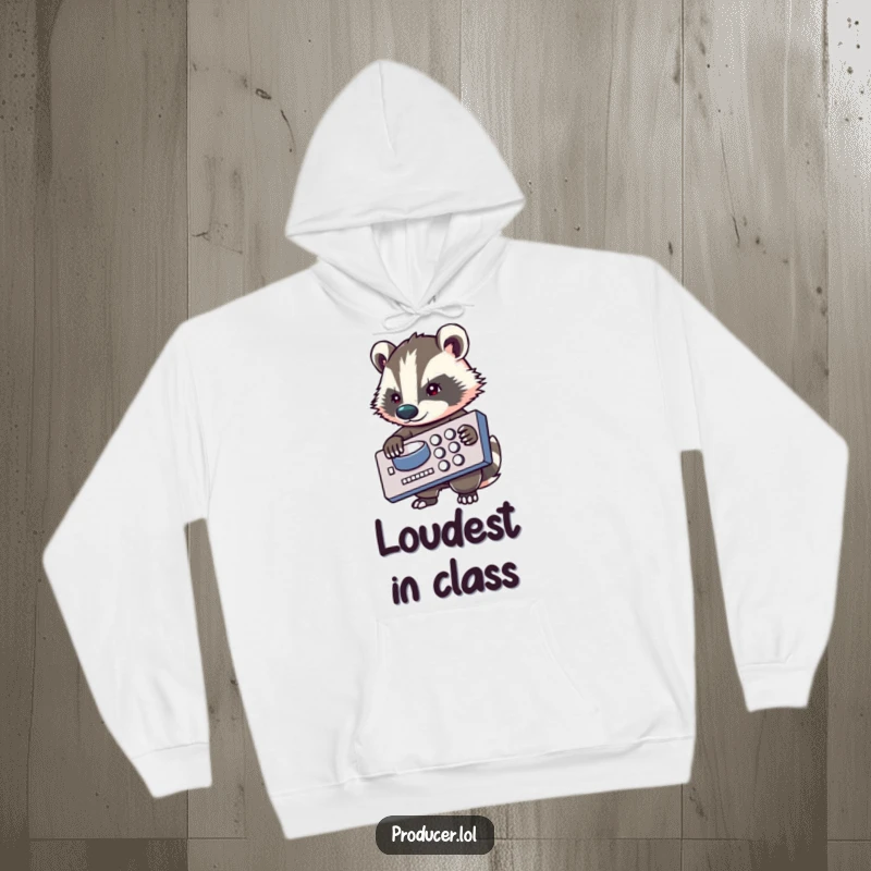 Funny badger hoodie, focused on mixing board, music producer design, warm and cozy apparel, ultimate sound engineer gift.